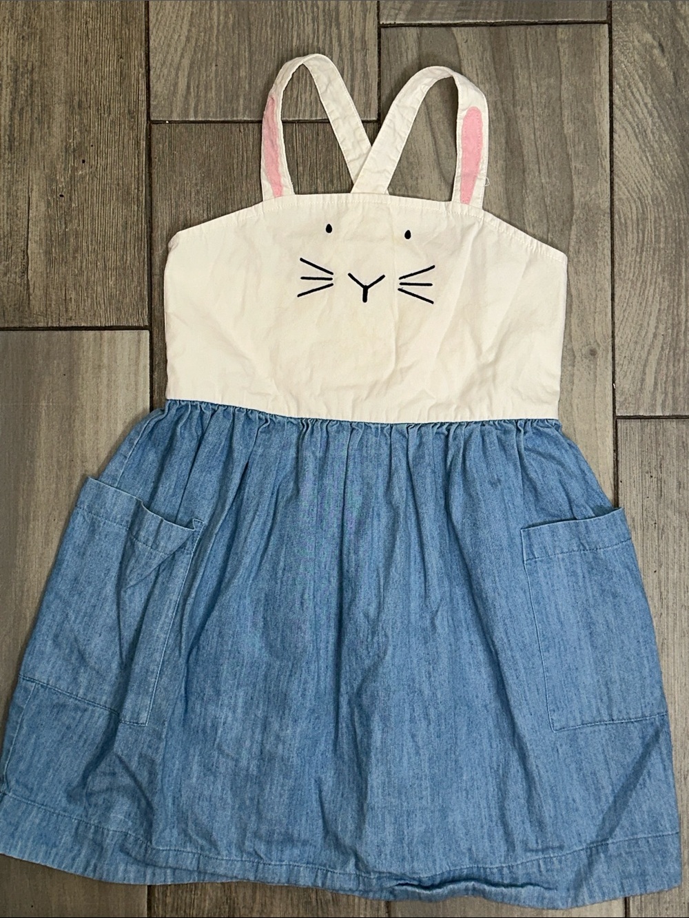 Hanna Andersson Bunny‎ Jumper Dress Youth Girls Size 120 US 6/7 Chambray Cream